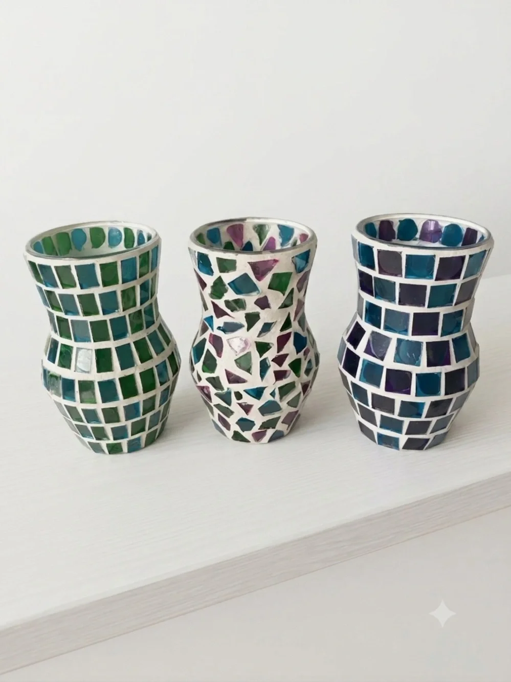 Mosaic Glass Vases - Set of 3 Green/Blue, Pink/Green/Blue & Purple/Blue